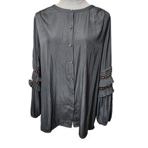 Chicos 2 Ruffle Sleeve Blouse Wooden Bead Cut Out Button Front Top Womens Sz 12